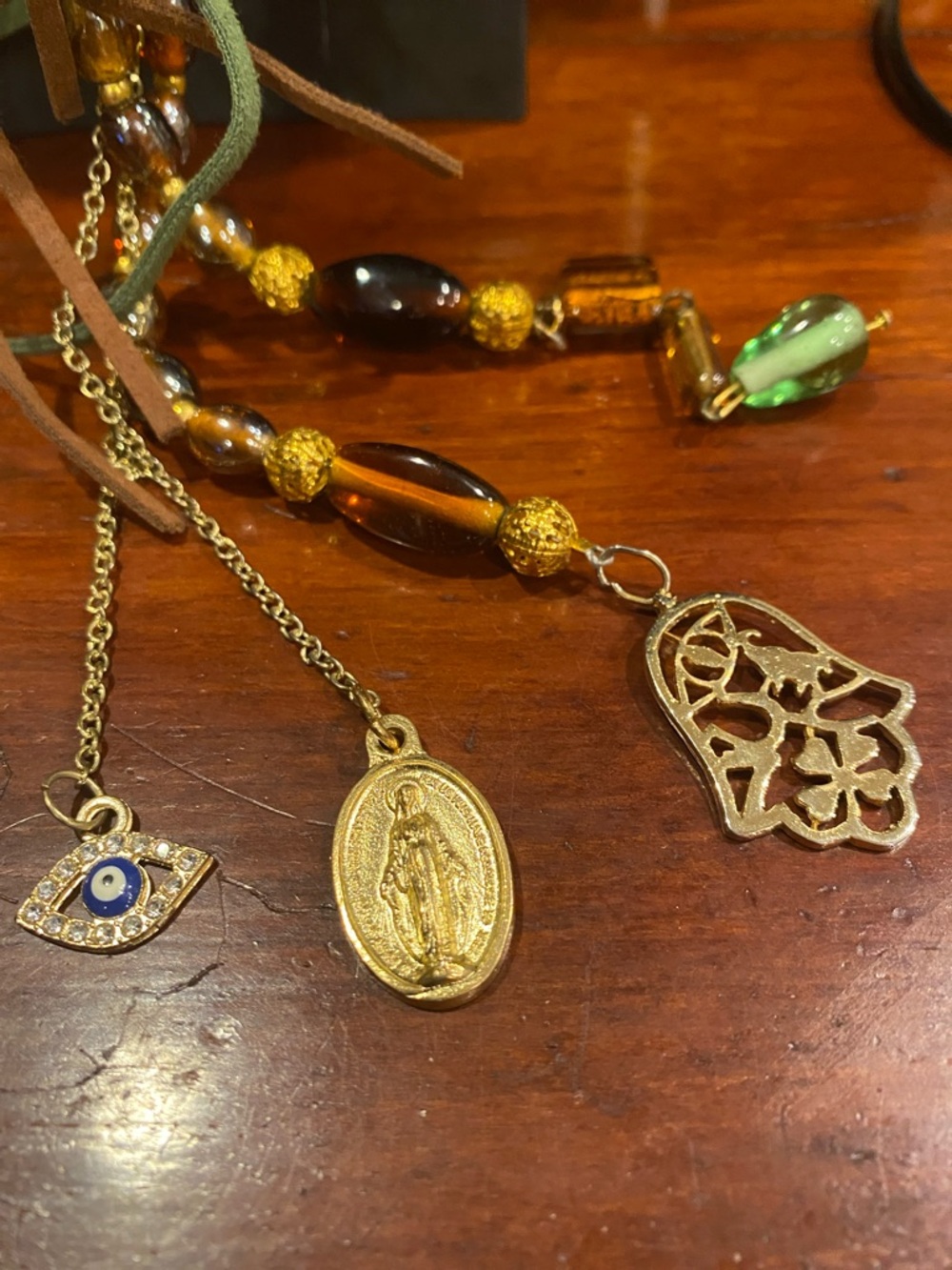 Wacky Item for Challenge Gold-Tone Multi Charm Necklace with Amber color Beads - Picture 3 of 12